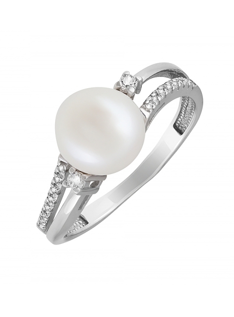 Серебряное кольцо с жемчугом и фианитом № 131610