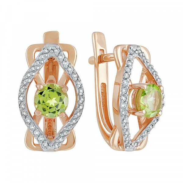 Золотые серьги с хризолитом и фианитом № 134845