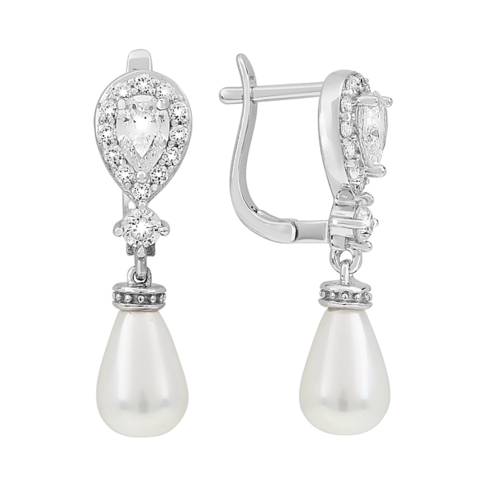 Серебряные серьги с имитац.жемчуга и фианитами № 117466