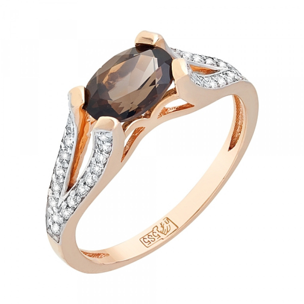 Золотое кольцо с раухтопазом и фианитом № 112391