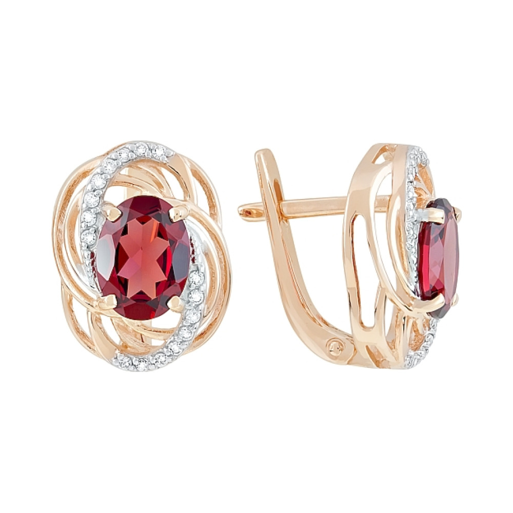 Золотые серьги с гранатом и фианитом № 119573