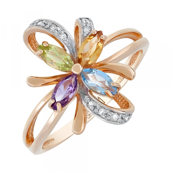 Золотое кольцо с полудрагоценными вставками и фианитом № 112560