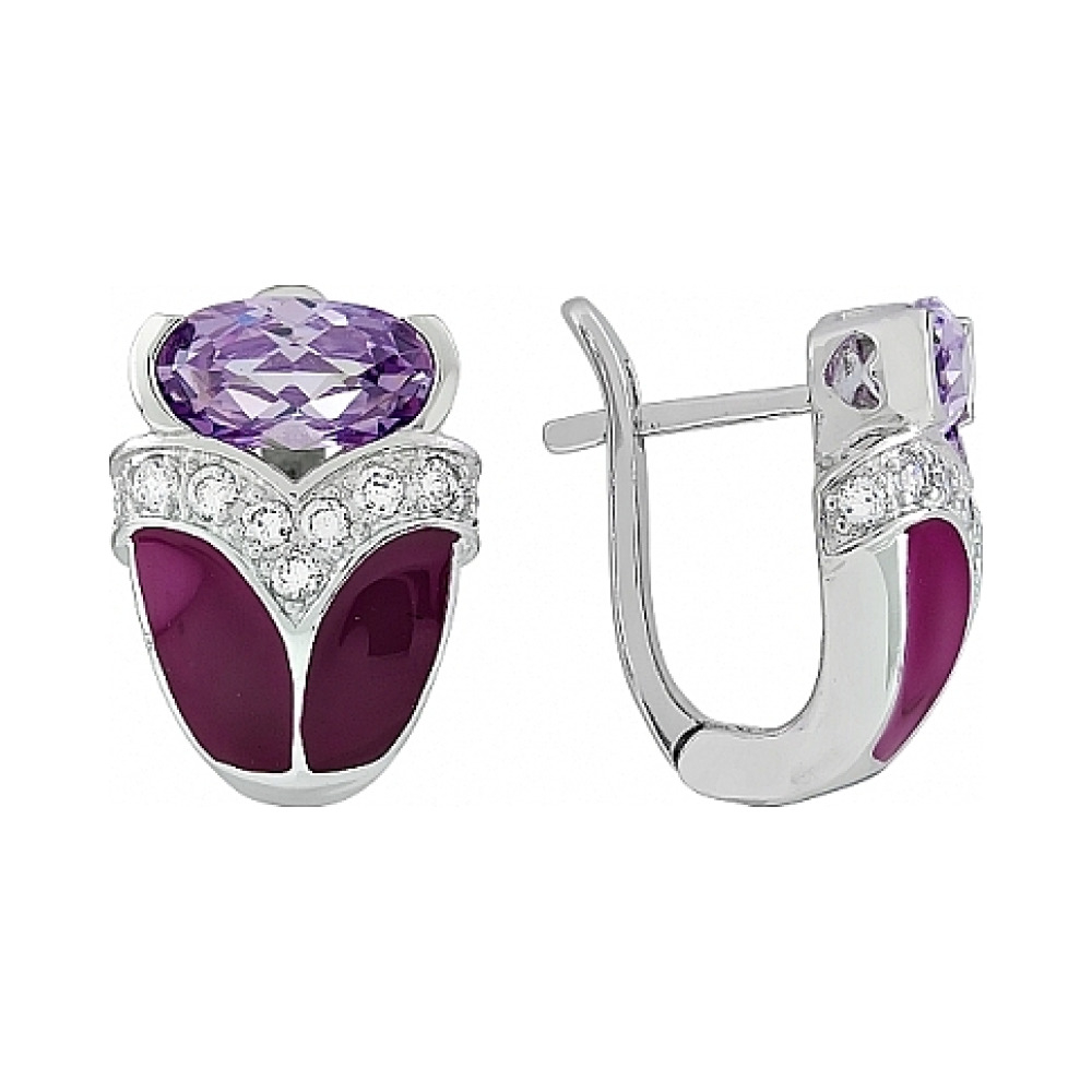 Серебряные серьги с фианитом и эмалью № 108543