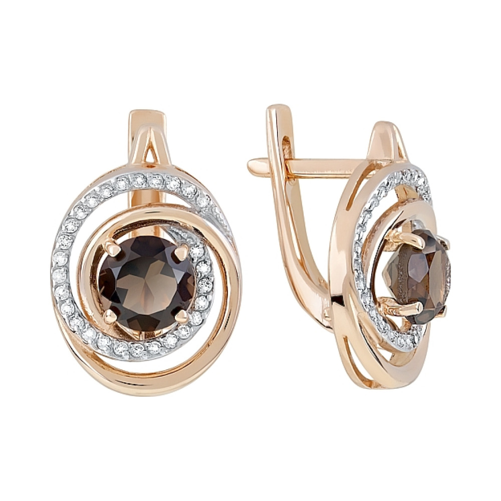 Золотые серьги с раухтопазом и фианитом № 119396