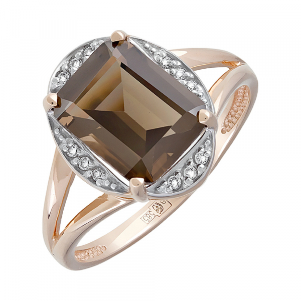 Золотое кольцо с раухтопазом и фианитом № 126568