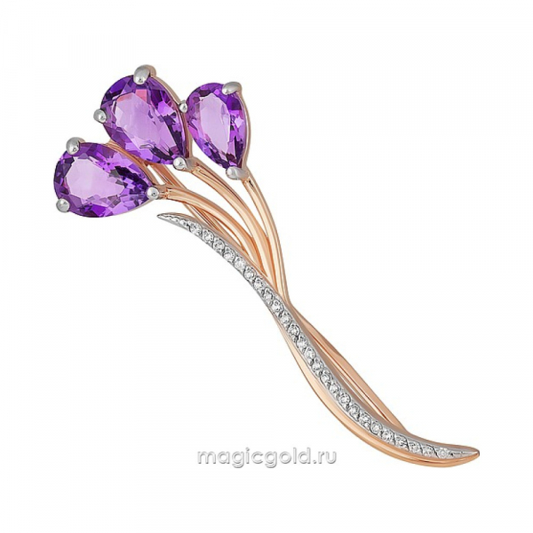 Золотая брошь с аметистом и фианитом № 164164