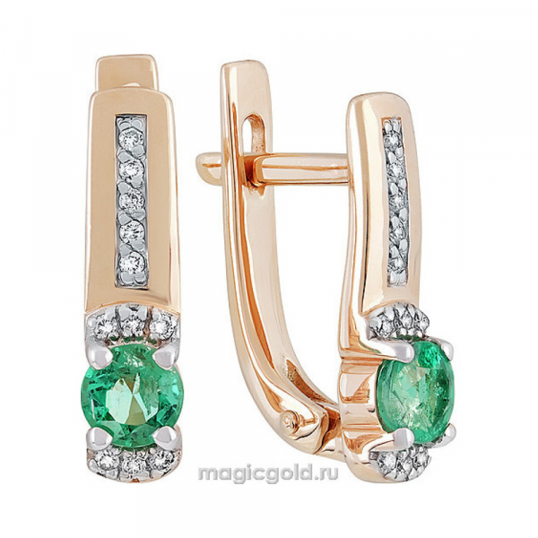 Золотые серьги с бриллиантом и изумрудом № 139321