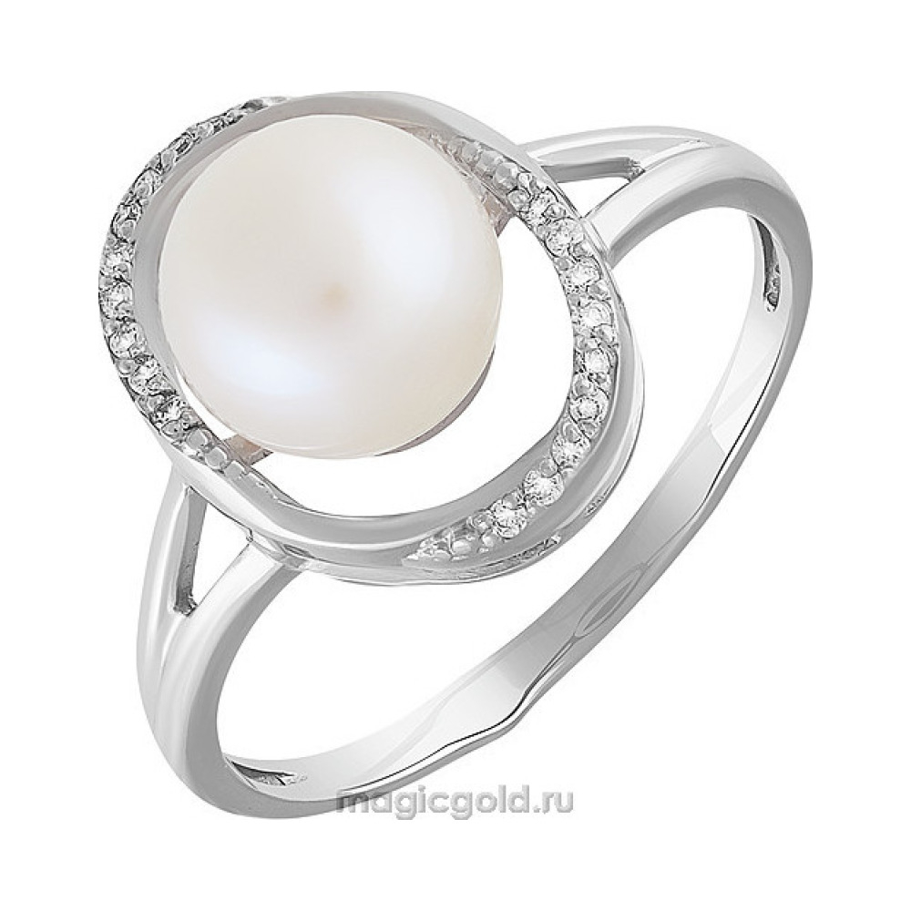 Серебряное кольцо с жемчугом и фианитом № 151345