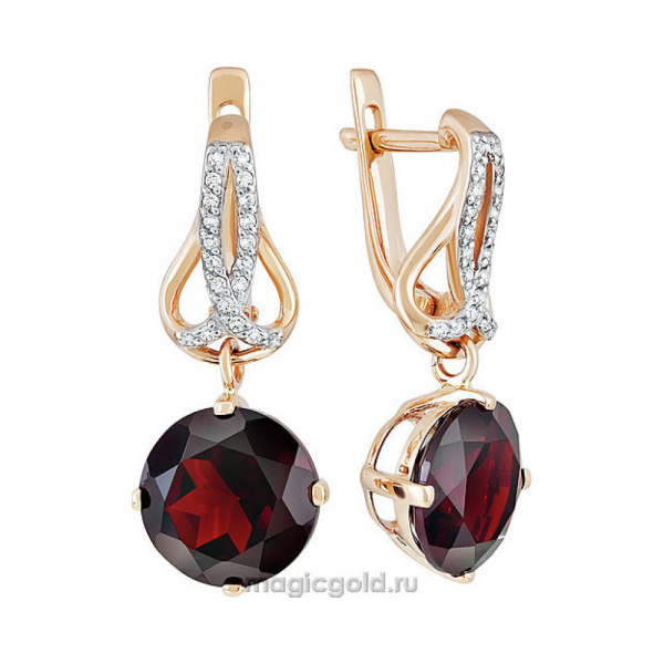 Золотые серьги с гранатом и фианитом № 140025