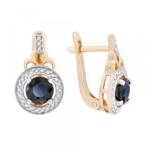 Золотые серьги с бриллиантом и сапфиром № 118188