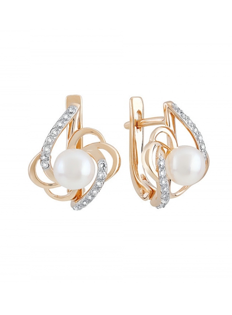 Золотые серьги с жемчугом и фианитом № 127292