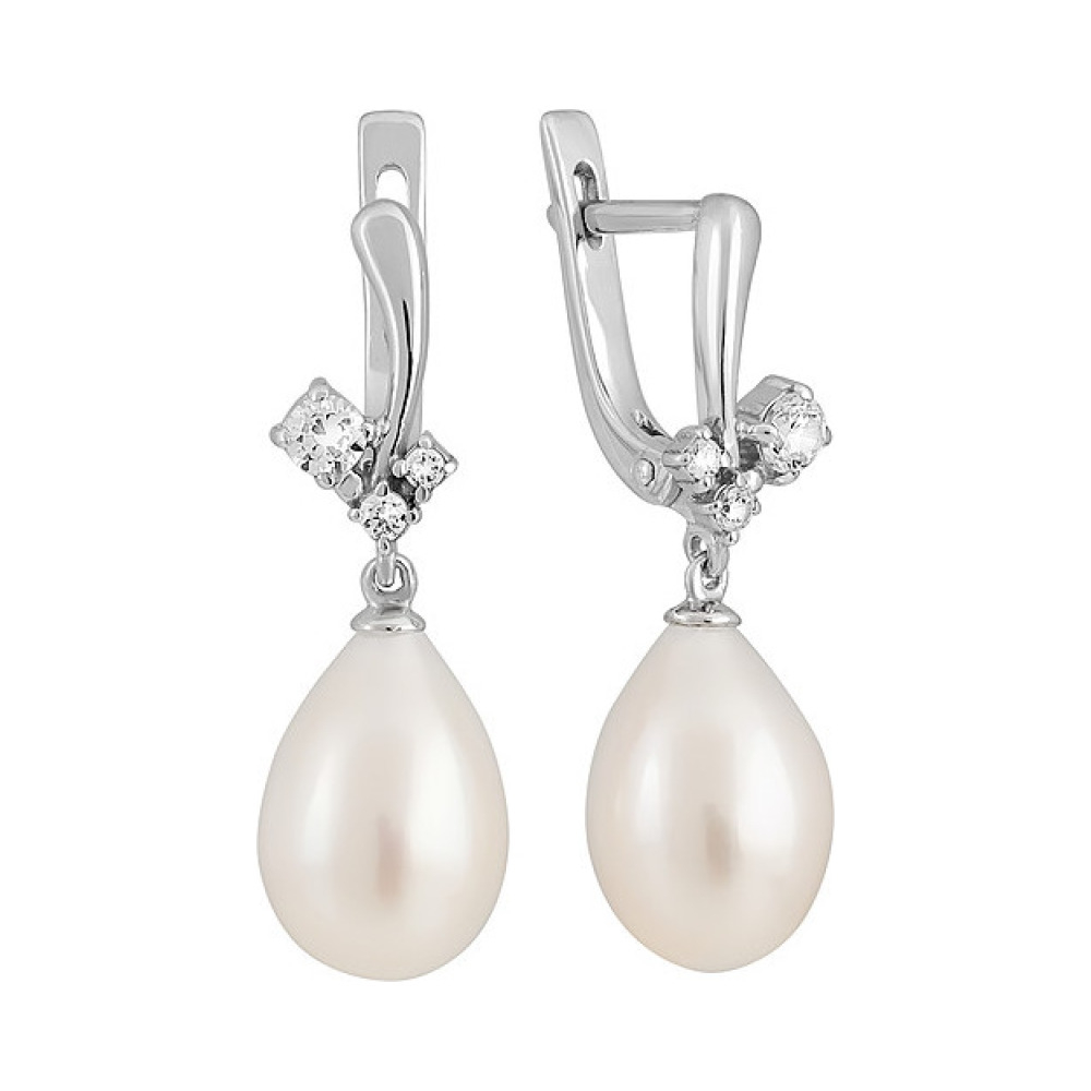 Серебряные серьги с жемчугом и фианитом № 131570