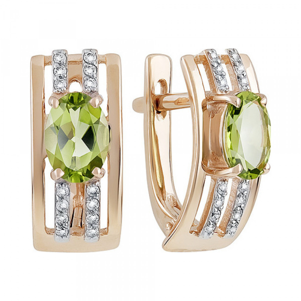 Золотые серьги с хризолитом и фианитом № 131905