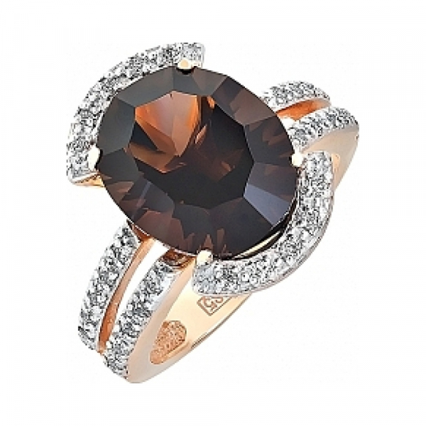 Золотое кольцо с раухтопазом и фианитом № 97011