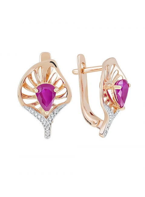 Золотые серьги с бриллиантом и рубином № 121230