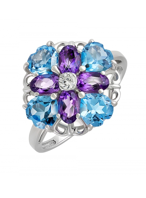 Серебряное кольцо с полудрагоценными вставками и фианитом № 131456