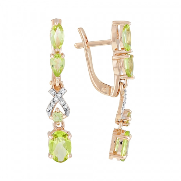 Золотые серьги с хризолитом и фианитом № 119639