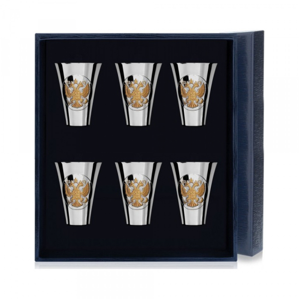 Набор серебряных стопок «Герб» полированных с позолотой из 6 предметов