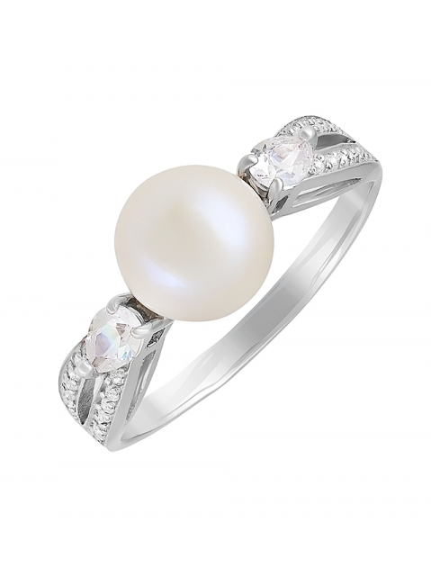 Серебряное кольцо с жемчугом и фианитом № 131613