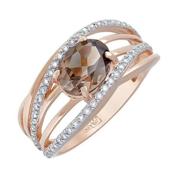 Золотое кольцо с раухтопазом и фианитом № 119706