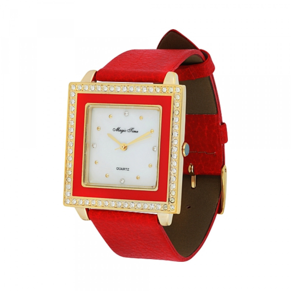 Часы кварц Magic Time  фианитами и перламутром на красном ремешке № 100665