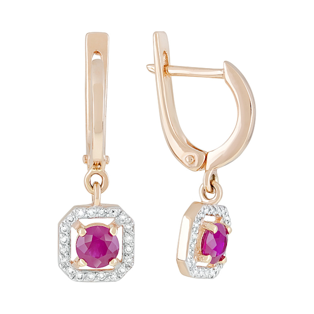 Золотые серьги с бриллиантом и рубином № 120114