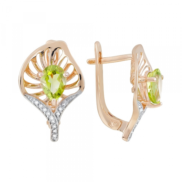 Золотые серьги с хризолитом и фианитом № 120020