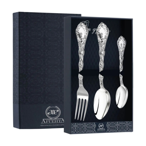 Набор столовый Виноградная лоза: вилка, ложка, чайная ложка + футляр из серебра 925 пробы