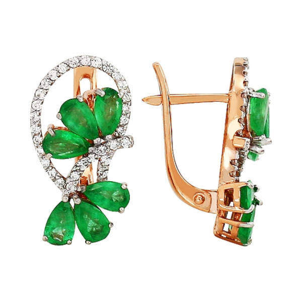 Золотые серьги с бриллиантом и изумрудом № 84794