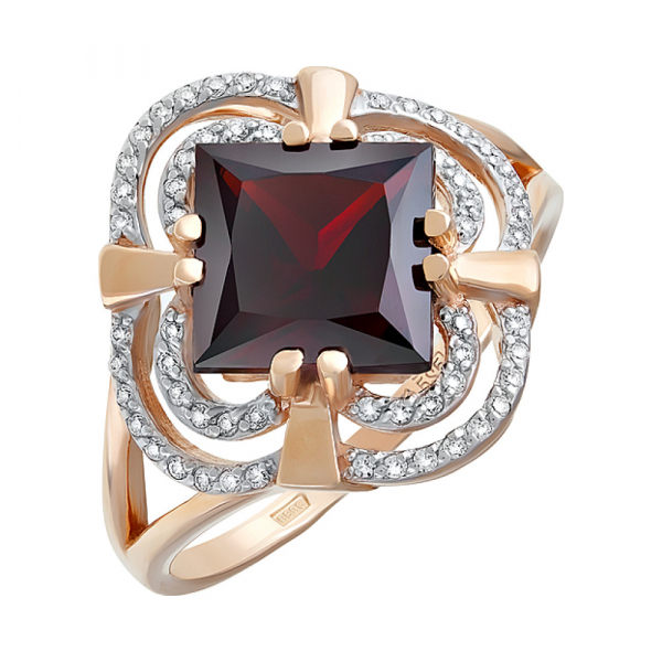 Золотое кольцо с гранатом и фианитом № 118862