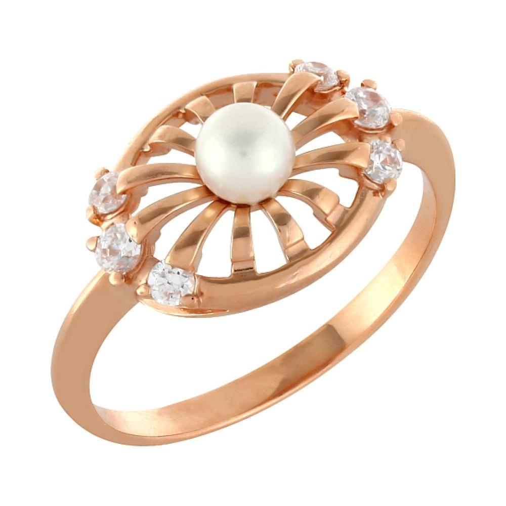 Золотое кольцо с жемчугом и фианитом № 78163