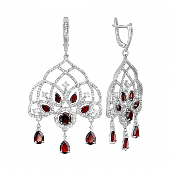 Серебряные серьги с гранатом и фианитом № 129621