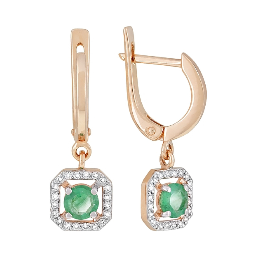 Золотые серьги с бриллиантом и изумрудом № 119185