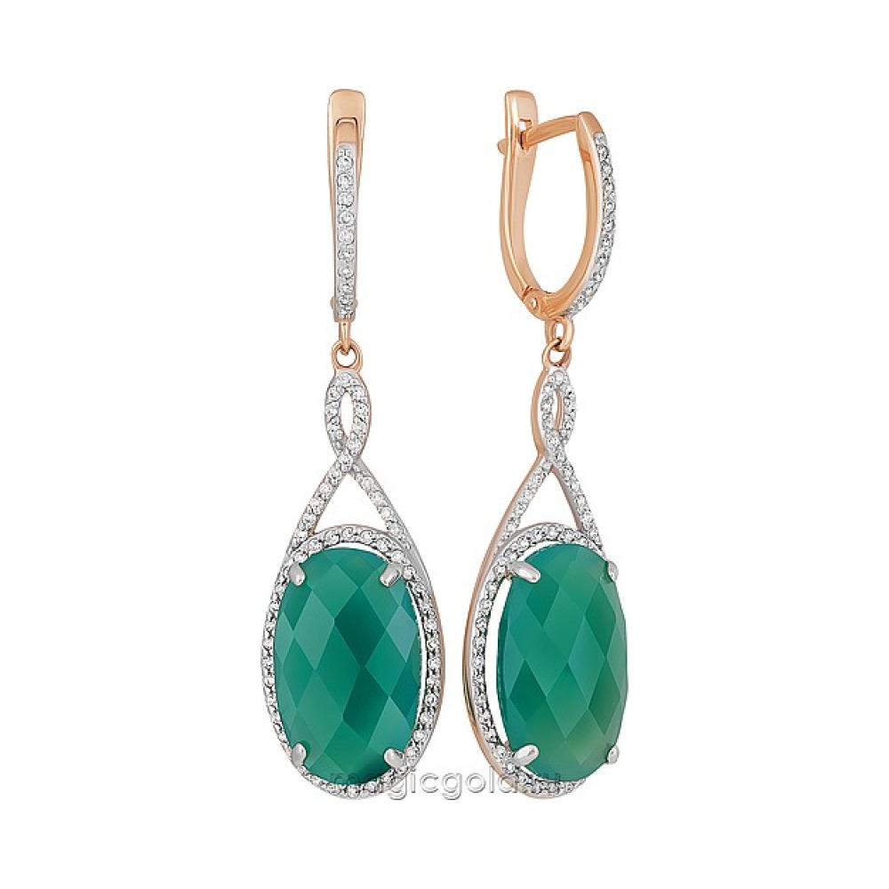 Золотые серьги с зеленым ониксом и фианитом № 164470