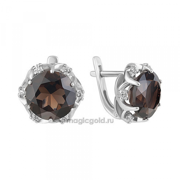 Серебряные серьги с раухтопазом и фианитом № 140161