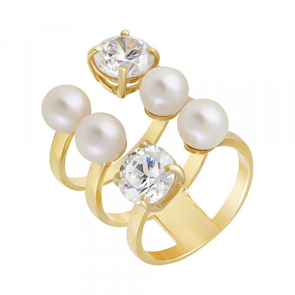 Серебряное кольцо с жемчугом, фианитом и золотым покрытием № 132370