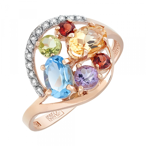 Золотое кольцо с полудрагоценными вставками и фианитом № 113111