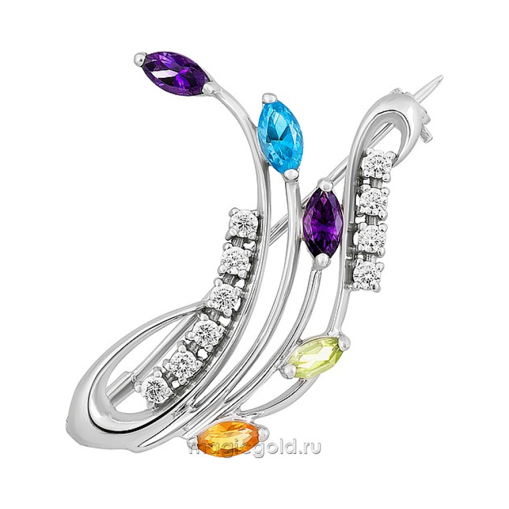 Серебряная брошь с полудраг. вставками № 136513