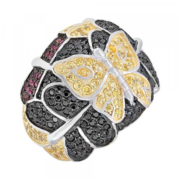 Серебряное кольцо с фианитом черным и золотым покрытием № 115642