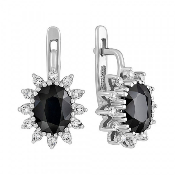Серебряные серьги с чер. сапфиром и фианитом № 130245