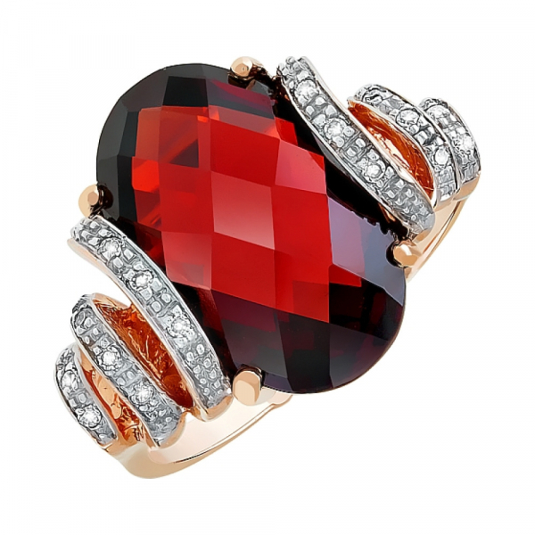 Золотое кольцо с бриллиантом и гранатом № 39696