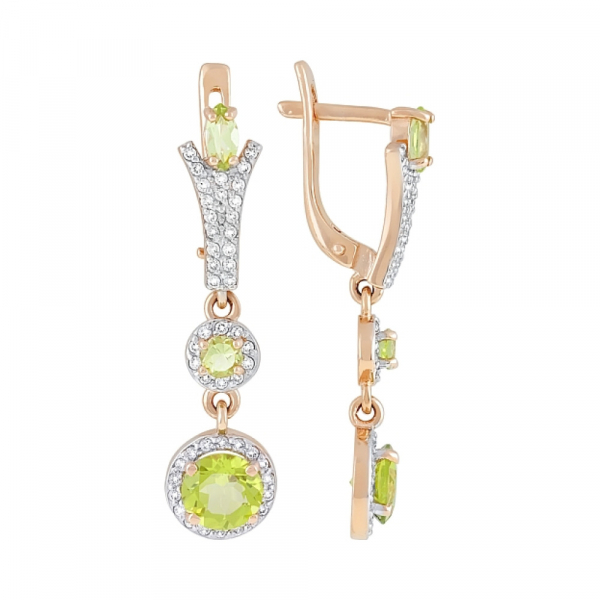 Золотые серьги с хризолитом и фианитом № 119279