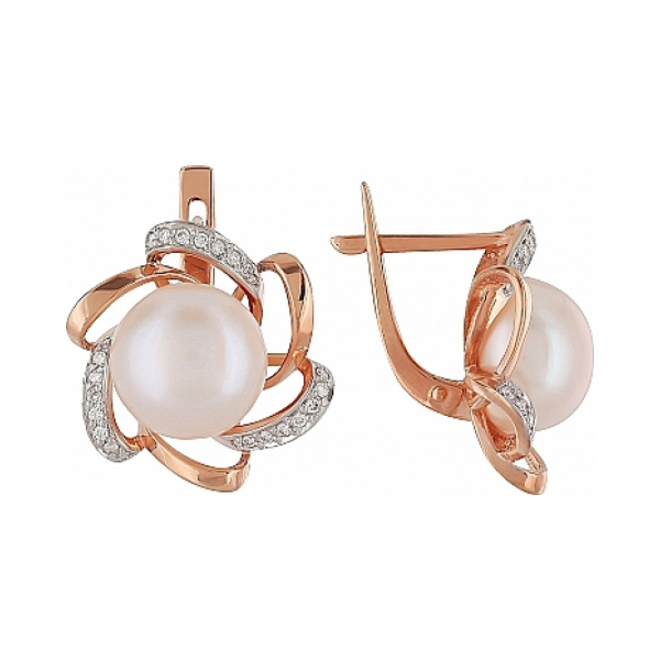 Золотые серьги с бриллиантом и жемчугом № 104372