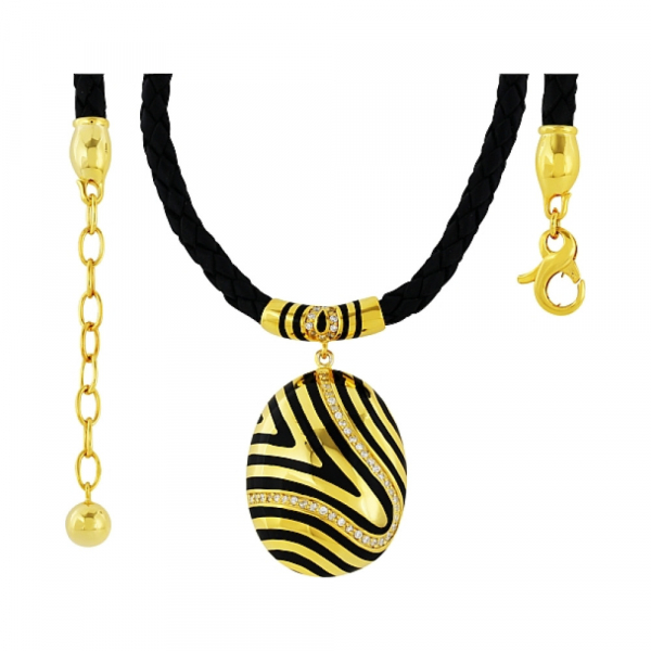 Серебряное колье с фианитом и каучуком золот. покр. на кож. шнурке № 99414