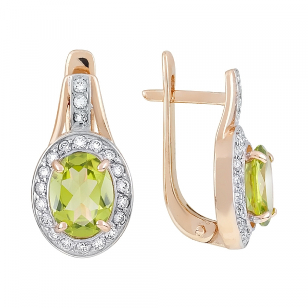 Золотые серьги с хризолитом и фианитом № 119668