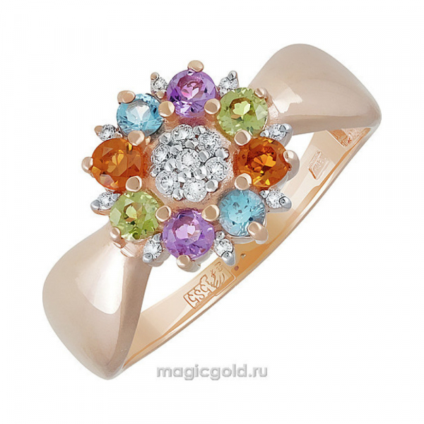 Золотое кольцо с полудрагоценными вставками и фианитом № 139656