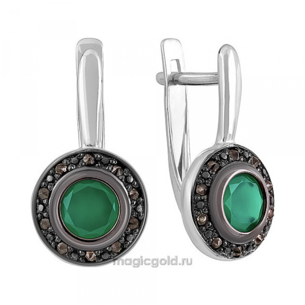 Серебряные серьги с агатом, марказитом и черн. покрытием № 151492