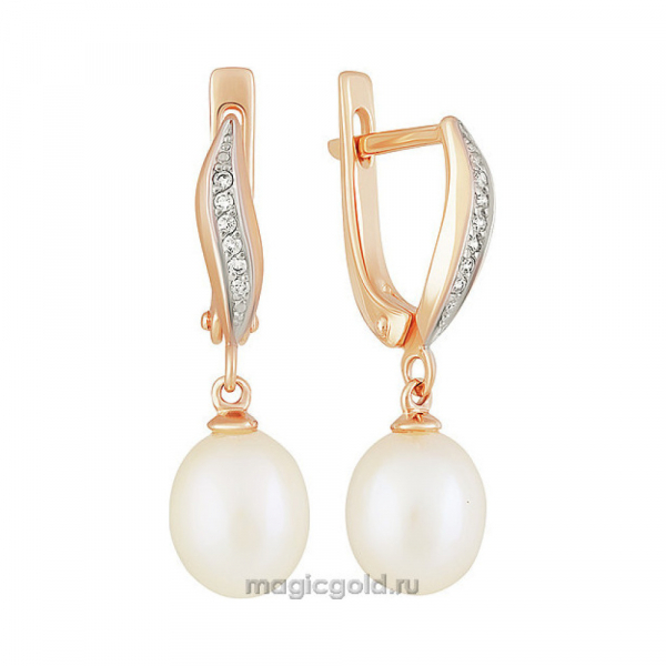 Золотые серьги с жемчугом и фианитом № 162386