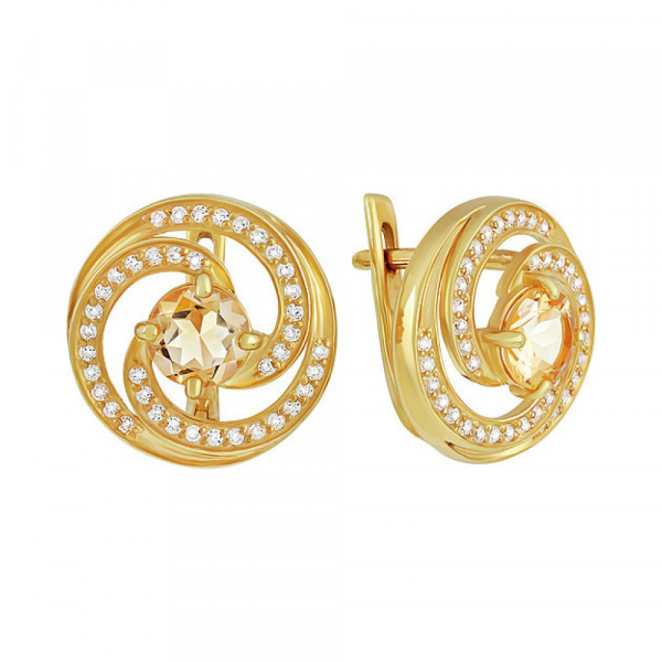 Серебряные серьги с цитрином,  фианитом и золотым покрытием № 133950