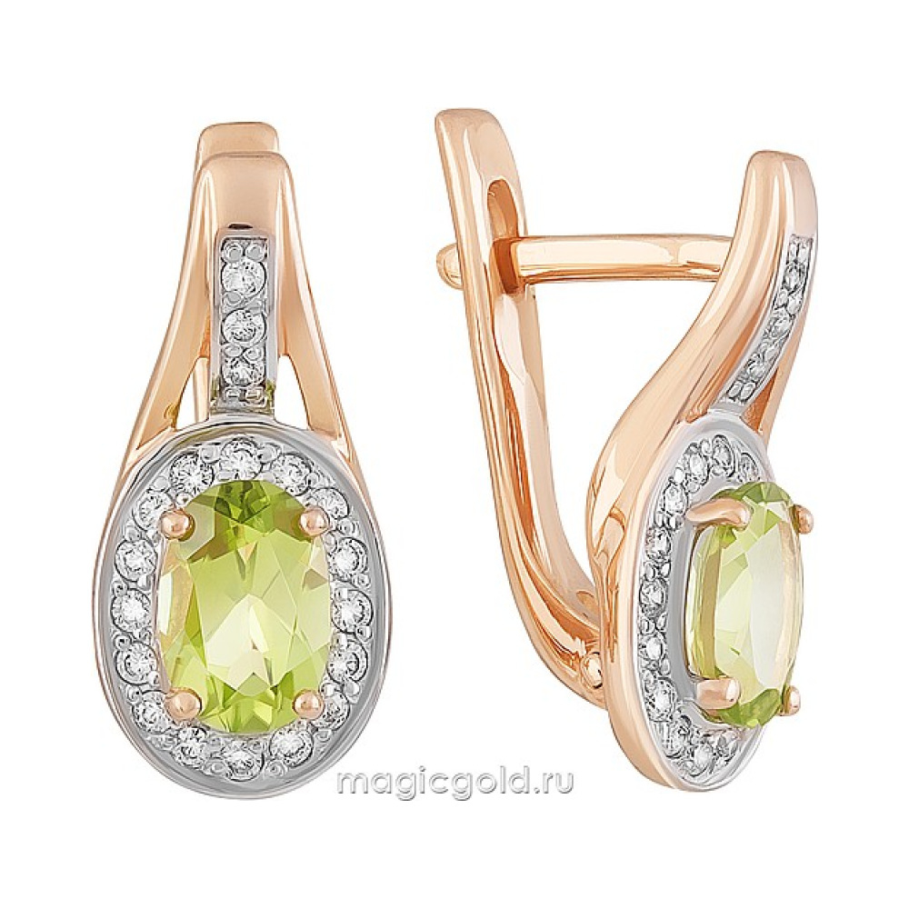 Золотые серьги с хризолитом и фианитом № 158972